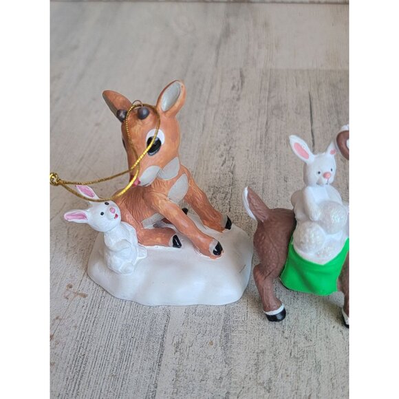 Rudolph red nosed reindeer snow bunny ornament Xmas set - Picture 2 of 6